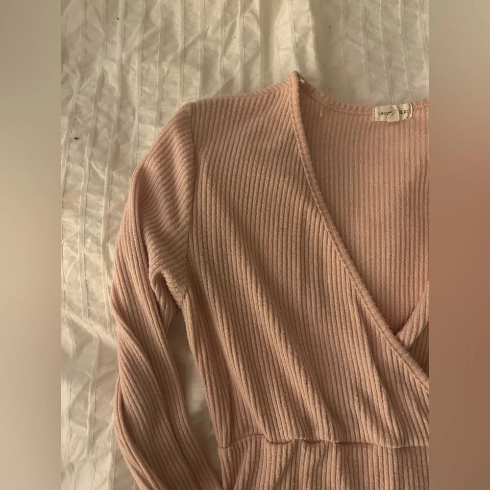 Heart & Hips S Pink Ribbed Balletcore Long Sleeve Blouse Top W/ Lettuce Hem